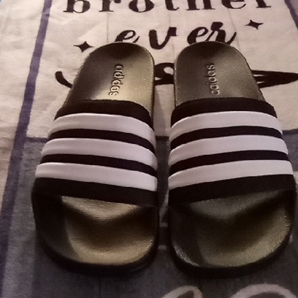 adidas Black and White Slide Sandals with White Stripes main image 4